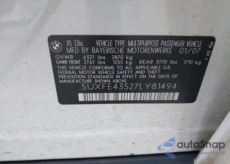 2007 BMW X5 3.0Si z USA, uszkodzony, nr VIN 5UXFE43527LY81494